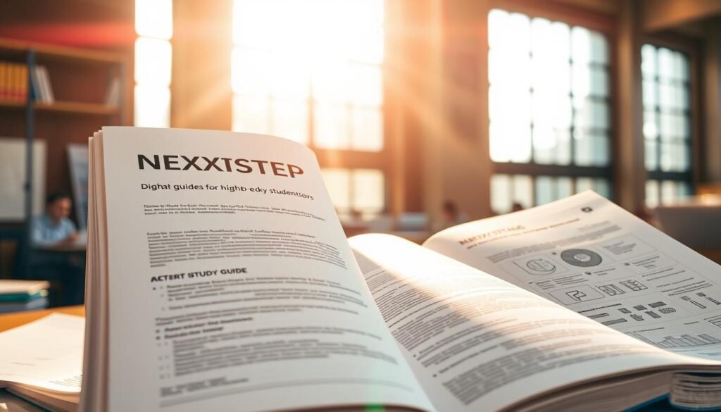 A detailed study guide for higher secondary students, illuminated by warm, natural light filtering through large windows. The guide's cover features the NEXTSTEP logo in a clean, sans-serif font, inviting the viewer to delve into its contents. The pages are filled with neatly organized subject matter, highlighted by crisp, high-contrast illustrations and diagrams. The overall atmosphere conveys a sense of focus, productivity, and academic excellence - the perfect companion for students preparing for their exams.