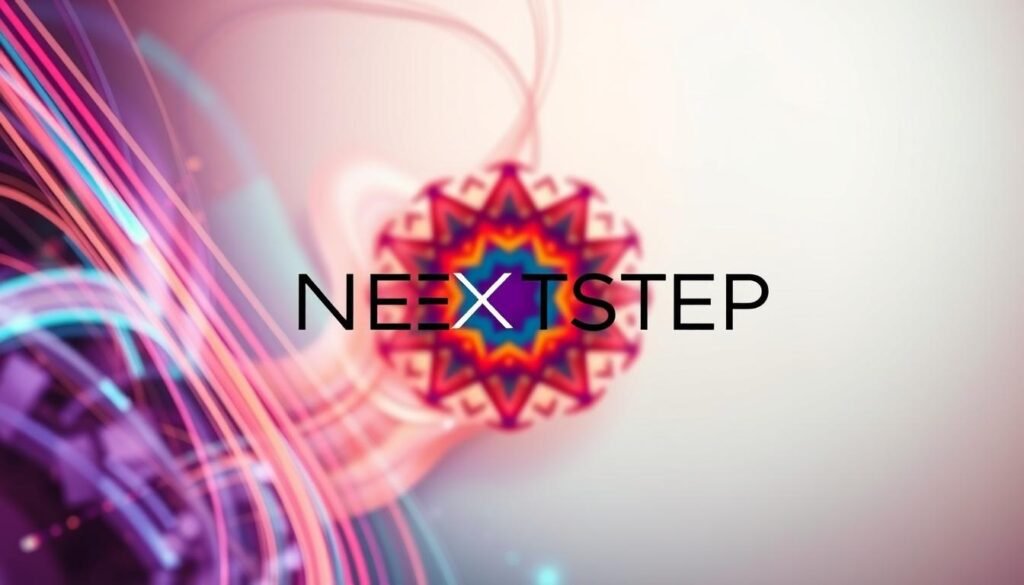 A digital art composition depicting the integration of technology into artistic expression. Vibrant hues and dynamic lines converge, representing the fusion of analog and digital media. In the foreground, a NEXTSTEP text logo emerges, subtly integrated into the abstract design. The middle ground showcases a fluid, kaleidoscopic pattern, while the background features a soft, ethereal gradient, evoking a sense of technological transcendence. Lighting is directional, casting dramatic shadows and highlights to accentuate the depth and texture of the digital canvas. The overall mood is one of innovation, creativity, and the seamless intersection of technology and the arts.