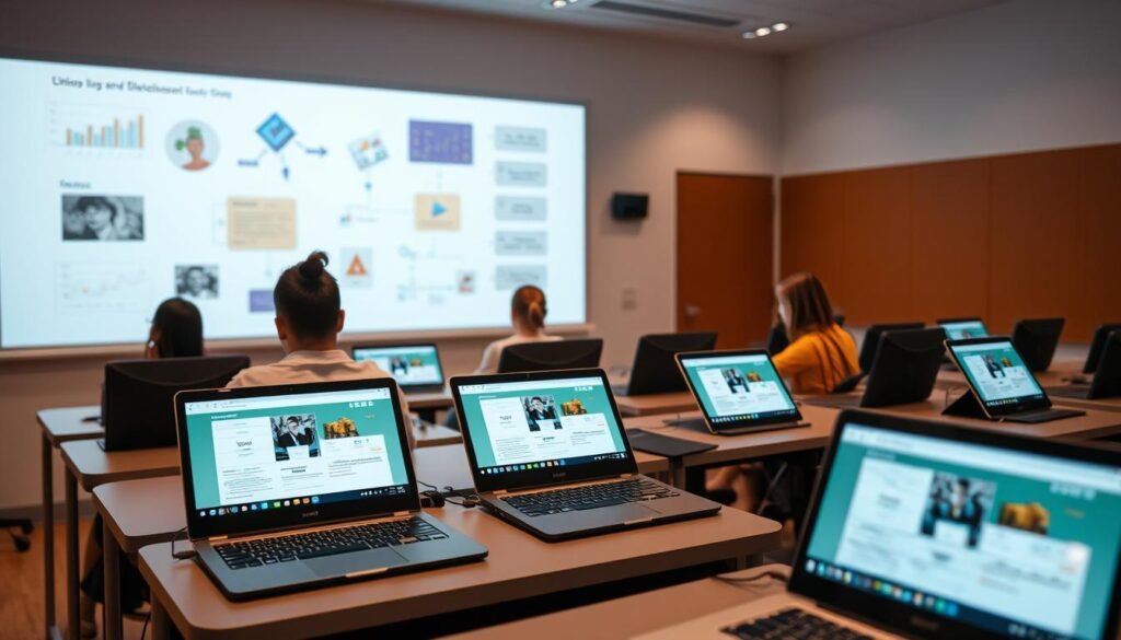 A digital classroom with a warm, inviting atmosphere. In the foreground, sleek laptops and tablets are arranged on modern desks, their screens displaying interactive lessons. The middle ground features students engrossed in their studies, faces lit by the glow of their devices. The background showcases a large virtual whiteboard, its surface projecting dynamic visuals and diagrams to enhance the learning experience. Soft, diffused lighting creates a sense of focus and productivity, while the overall composition conveys the seamless integration of technology and education in an online setting. A digital classroom with a warm, inviting atmosphere. In the foreground, sleek laptops and tablets are arranged on modern desks, their screens displaying interactive lessons. The middle ground features students engrossed in their studies, faces lit by the glow of their devices. The background showcases a large virtual whiteboard, its surface projecting dynamic visuals and diagrams to enhance the learning experience. Soft, diffused lighting creates a sense of focus and productivity, while the overall composition conveys the seamless integration of technology and education in an online setting.