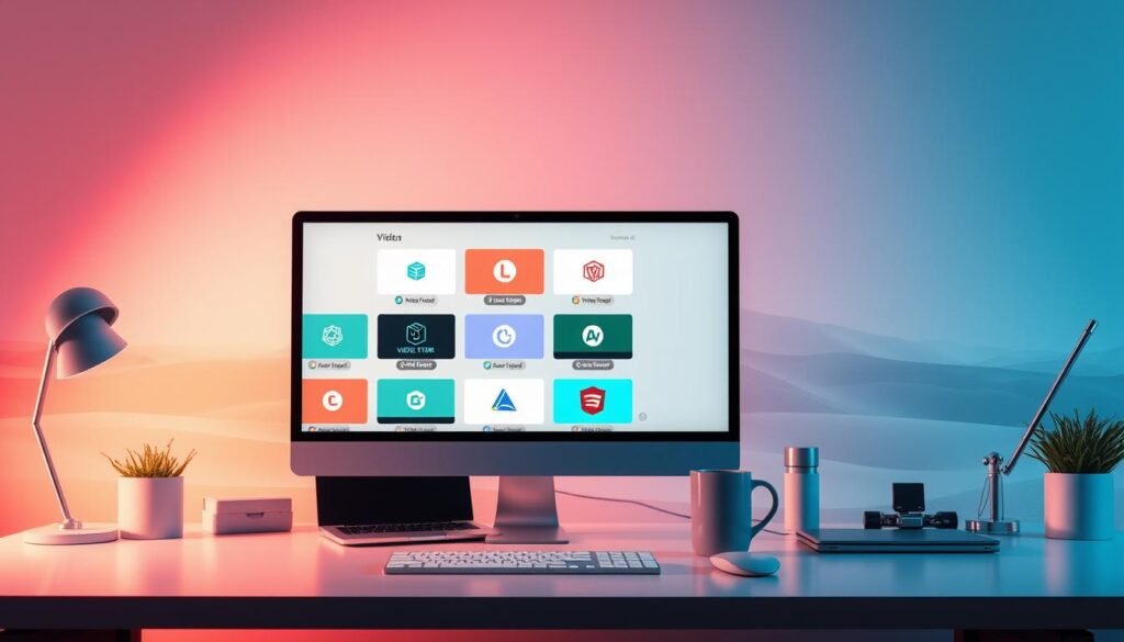 A digital workspace with a sleek, modern design. In the foreground, a stylized 3D computer monitor displaying an array of video tutorial icons, representing a variety of computer science topics. In the middle ground, a minimalist workspace with a laptop, coffee mug, and various digital devices. The background features a vibrant, abstract landscape of geometric shapes and gradients, evoking the virtual nature of online resources. Soft, directional lighting creates depth and highlights the key elements. The overall mood is one of productivity, education, and the boundless possibilities of digital learning.