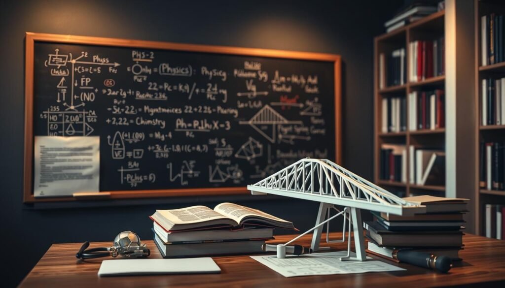 A dimly lit, academic setting showcasing the core subjects for engineering entrance exams. In the foreground, a chalkboard displays equations and diagrams related to physics, mathematics, and chemistry. Textbooks, scientific instruments, and a 3D-printed model of a bridge or structure are arranged neatly on a wooden desk. Soft, warm lighting casts a contemplative atmosphere, while the background features bookshelves filled with engineering and science references. The overall composition conveys the scholarly dedication and multidisciplinary nature of the engineering entrance syllabus. A dimly lit, academic setting showcasing the core subjects for engineering entrance exams. In the foreground, a chalkboard displays equations and diagrams related to physics, mathematics, and chemistry. Textbooks, scientific instruments, and a 3D-printed model of a bridge or structure are arranged neatly on a wooden desk. Soft, warm lighting casts a contemplative atmosphere, while the background features bookshelves filled with engineering and science references. The overall composition conveys the scholarly dedication and multidisciplinary nature of the engineering entrance syllabus.