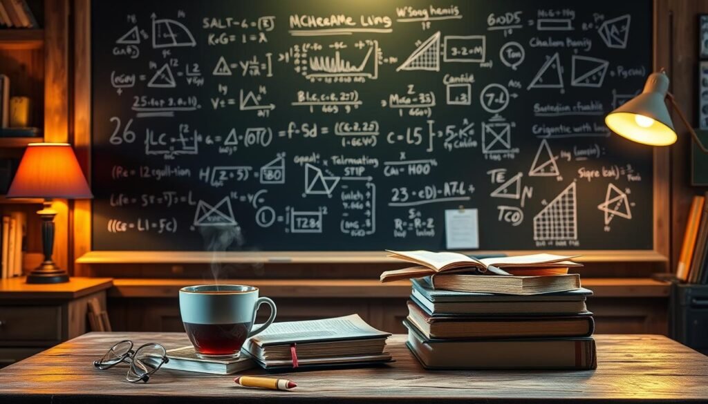 A dimly lit chalkboard in a cozy classroom, filled with intricate mathematical formulas, graphs, and step-by-step problem-solving diagrams. Chalk sketches of geometric shapes, algebraic equations, and trigonometric functions dance across the board, illuminated by a single desk lamp casting a warm glow. In the foreground, a stack of well-worn textbooks and notebooks sit on a sturdy wooden desk, accompanied by a cup of steaming tea and a thoughtful expression. The overall atmosphere conveys a sense of focused study, contemplation, and the pursuit of mathematical mastery.