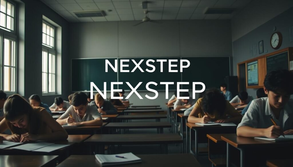A dimly lit classroom, desks arranged in neat rows, a chalkboard at the front. Students hunched over exam papers, pencils in hand, faces etched with concentration. Soft natural light filters through tall windows, casting long shadows. The room has a palpable air of anticipation and seriousness. A text logo for "NEXTSTEP" is prominently displayed, underscoring the importance of this vocational exam. Subtle details like worn textbooks, ticking clocks, and the occasional fidgeting student add to the sense of a high-stakes academic environment.