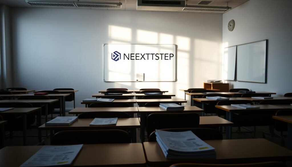 A dimly lit classroom, desks arranged in neat rows, a whiteboard stands in the background. On the desks, various vocational certification practice materials - manuals, workbooks, and sample tests, await eager students. Soft natural light filters through the windows, casting a warm glow over the scene. A NEXTSTEP logo, in a clean sans-serif typeface, is prominently displayed on the wall, conveying a sense of professionalism and academic focus. The atmosphere is one of quiet concentration, as students immerse themselves in the process of mastering their chosen vocational skills.