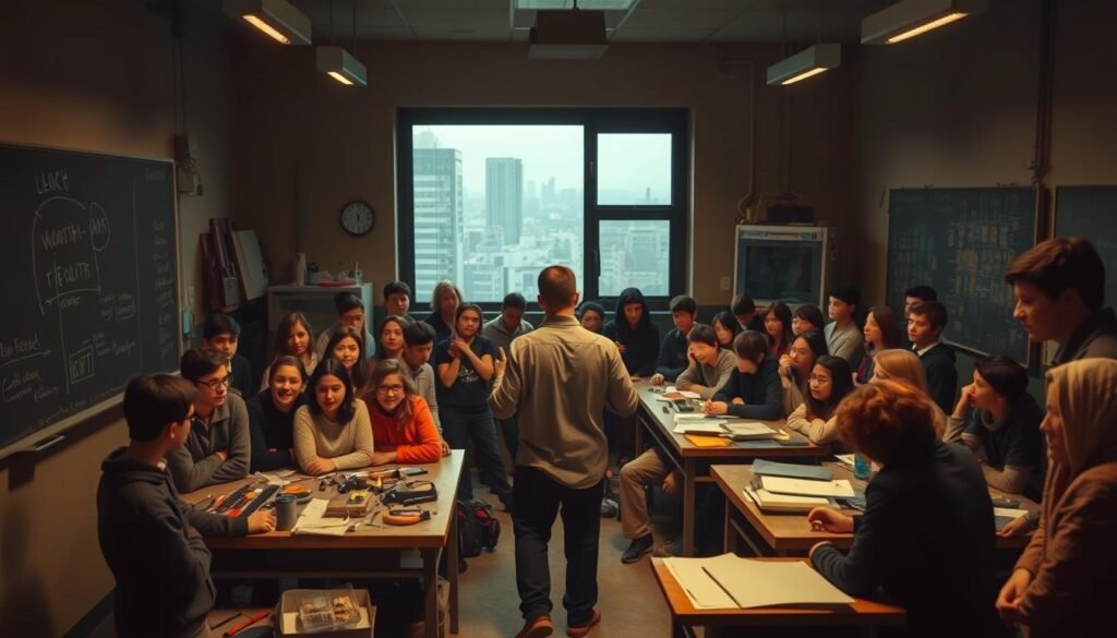 A dimly lit classroom filled with students, their faces a mix of enthusiasm and apprehension. In the foreground, a teacher stands before a chalkboard, hands gesturing as they explain a technical concept. The middle ground is cluttered with workbenches, tools, and half-finished projects, reflecting the hands-on nature of vocational training. In the background, a large window offers a glimpse of the bustling city outside, a reminder of the real-world skills being cultivated within these walls. Warm, muted tones create a pensive atmosphere, hinting at the challenges and complexities of vocational education.