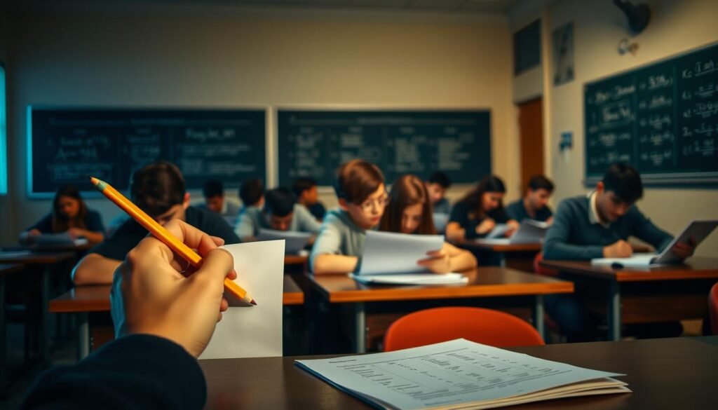 A dimly lit classroom setting, with rows of desks and students intently focused on their mock engineering entrance exam papers. Soft, warm lighting illuminates the scene, casting subtle shadows and creating a contemplative atmosphere. In the foreground, a student's hands hold a pencil, poised to fill in answers, conveying the intense concentration and determination required for this crucial practice test. The middle ground features a variety of students, each lost in their own thoughts, their expressions reflecting the mixture of nervousness and determination. In the background, a chalkboard or whiteboard displays practice problems, serving as a visual representation of the academic rigor and challenge inherent in engineering entrance examinations. A dimly lit classroom setting, with rows of desks and students intently focused on their mock engineering entrance exam papers. Soft, warm lighting illuminates the scene, casting subtle shadows and creating a contemplative atmosphere. In the foreground, a student's hands hold a pencil, poised to fill in answers, conveying the intense concentration and determination required for this crucial practice test. The middle ground features a variety of students, each lost in their own thoughts, their expressions reflecting the mixture of nervousness and determination. In the background, a chalkboard or whiteboard displays practice problems, serving as a visual representation of the academic rigor and challenge inherent in engineering entrance examinations.