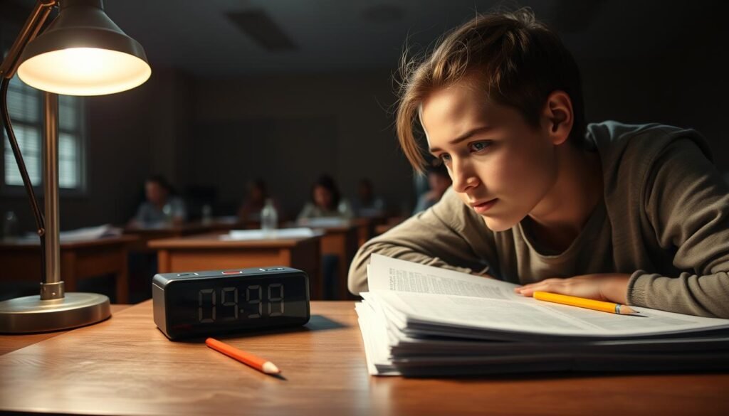 A dimly lit classroom, the air heavy with anticipation. A stack of exam papers sits on a wooden desk, surrounded by sharpened pencils and a digital clock counting down the minutes. In the foreground, a student leans over their test, brow furrowed in concentration, the warm glow of a desk lamp illuminating their focused expression. In the background, rows of desks stretch out, each holding the potential for success or disappointment. The atmosphere is one of intense focus, with a sense of the gravity of the moment - the culmination of months of preparation, now distilled into this critical examination. A dimly lit classroom, the air heavy with anticipation. A stack of exam papers sits on a wooden desk, surrounded by sharpened pencils and a digital clock counting down the minutes. In the foreground, a student leans over their test, brow furrowed in concentration, the warm glow of a desk lamp illuminating their focused expression. In the background, rows of desks stretch out, each holding the potential for success or disappointment. The atmosphere is one of intense focus, with a sense of the gravity of the moment - the culmination of months of preparation, now distilled into this critical examination.