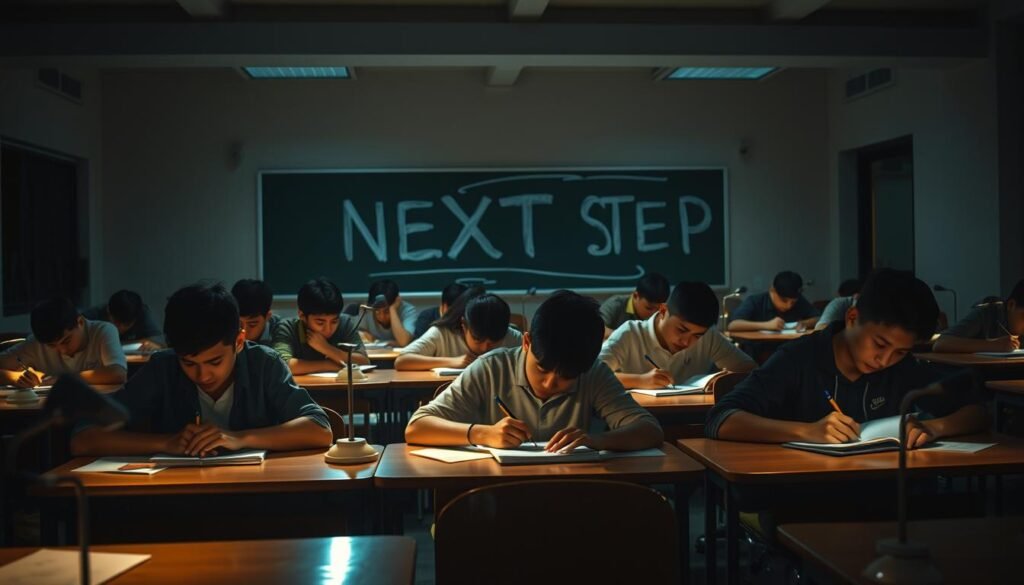 A dimly lit classroom, with desks and chairs neatly arranged, a NEXTSTEP text logo visible on the chalkboard. Students diligently working on their 12th-grade exams, faces illuminated by the warm glow of desk lamps. Tension and focus fill the air, as they pour over their papers, pencils in hand. The scene is captured through a wide-angle lens, emphasizing the sense of collaboration and camaraderie among the students as they navigate this crucial academic milestone together.