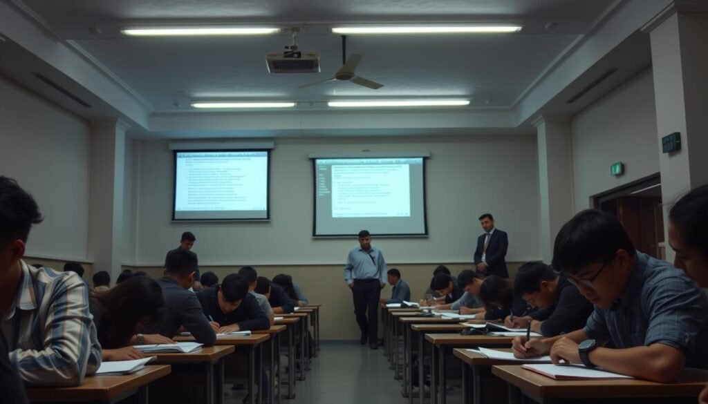 A dimly lit examination hall, desks arranged in neat rows, a projector screen displaying a simulated engineering entrance exam on the wall. Fluorescent lights cast a clinical glow, casting long shadows. Focused students, brows furrowed in concentration, scribble furiously on their answer sheets, the air thick with tension. Invigilators pace the aisles, vigilant and stern. The scene conveys the high-stakes atmosphere of an engineering entrance exam, where every mark counts and preparedness is crucial. A dimly lit examination hall, desks arranged in neat rows, a projector screen displaying a simulated engineering entrance exam on the wall. Fluorescent lights cast a clinical glow, casting long shadows. Focused students, brows furrowed in concentration, scribble furiously on their answer sheets, the air thick with tension. Invigilators pace the aisles, vigilant and stern. The scene conveys the high-stakes atmosphere of an engineering entrance exam, where every mark counts and preparedness is crucial.