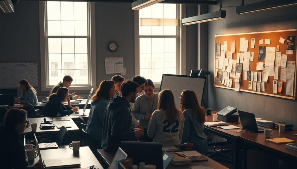 A dimly lit office space, desks arranged in neat rows, with laptops, coffee mugs, and folders strewn about. In the foreground, a group of young engineers huddle around a whiteboard, sketching out ideas and discussing internship opportunities. The mid-ground showcases a bulletin board filled with job postings, internship listings, and flyers advertising career fairs. The background features floor-to-ceiling windows, allowing a warm, soft light to filter in, creating a cozy, collaborative atmosphere. The scene conveys a sense of focus, determination, and the endless possibilities that await aspiring engineers as they prepare to embark on their internship journey.