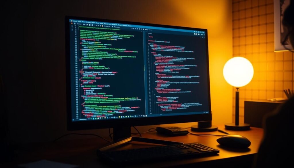 A dimly lit office workspace, with a sleek desktop computer and a programmer's desk, illuminated by soft, warm lighting. On the screen, a complex yet intuitive coding interface showcases fundamental programming concepts - variables, loops, functions, and algorithms, all visually represented in a clean, modern design. The background features a subtle grid pattern, hinting at the structured nature of coding. The overall atmosphere conveys a sense of focus, problem-solving, and the joy of discovery in the world of computer programming.