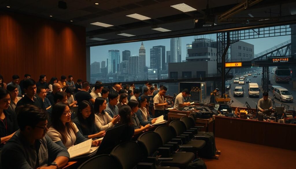 A dimly lit university lecture hall, rows of students in the foreground, some intently taking notes, others looking distracted. In the middle ground, a vocational workshop filled with various tools and machinery, students engaged in hands-on learning. The background depicts a bustling cityscape, skyscrapers, and a busy street, suggesting the diverse career paths available. Warm, muted tones create a contemplative atmosphere, inviting the viewer to consider the merits of each educational path. Dramatic lighting casts shadows, adding depth and dimension to the scene. The composition balances the academic and vocational settings, hinting at the complex choices faced by those considering their post-graduation options. A dimly lit university lecture hall, rows of students in the foreground, some intently taking notes, others looking distracted. In the middle ground, a vocational workshop filled with various tools and machinery, students engaged in hands-on learning. The background depicts a bustling cityscape, skyscrapers, and a busy street, suggesting the diverse career paths available. Warm, muted tones create a contemplative atmosphere, inviting the viewer to consider the merits of each educational path. Dramatic lighting casts shadows, adding depth and dimension to the scene. The composition balances the academic and vocational settings, hinting at the complex choices faced by those considering their post-graduation options.