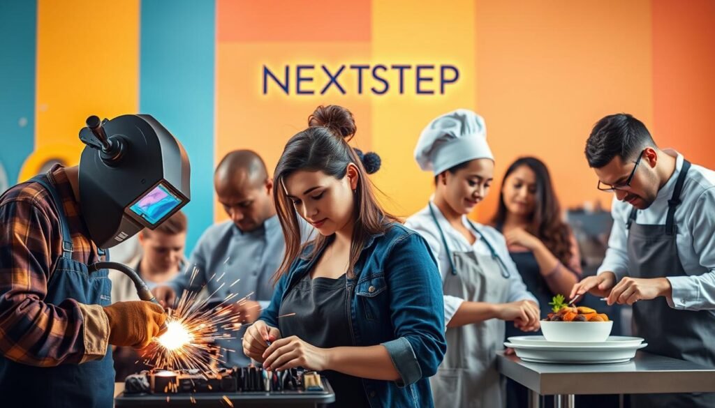 A diverse group of individuals engaged in various vocational training programs, set against a vibrant and dynamic backdrop. In the foreground, a welder in protective gear expertly manipulates a torch, while an electrician meticulously works on a circuit board nearby. In the middle ground, a hairstylist skillfully styles a client's hair, and a chef prepares a delectable dish in a well-equipped kitchen. In the background, a NEXTSTEP logo signifies the institution responsible for these training opportunities, illuminated by warm, natural lighting that casts a sense of accomplishment and pride. The overall scene conveys the spirit of personal growth, skill development, and the transformative power of vocational education. A diverse group of individuals engaged in various vocational training programs, set against a vibrant and dynamic backdrop. In the foreground, a welder in protective gear expertly manipulates a torch, while an electrician meticulously works on a circuit board nearby. In the middle ground, a hairstylist skillfully styles a client's hair, and a chef prepares a delectable dish in a well-equipped kitchen. In the background, a NEXTSTEP logo signifies the institution responsible for these training opportunities, illuminated by warm, natural lighting that casts a sense of accomplishment and pride. The overall scene conveys the spirit of personal growth, skill development, and the transformative power of vocational education.