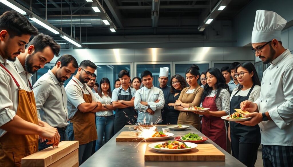 A diverse group of international vocational models, captured in a dynamic and professional setting. In the foreground, skilled tradespeople demonstrate their crafts - a carpenter smoothing wood, a welder fusing metal, a chef plating a delectable dish. In the middle ground, students observe intently, eager to learn the nuances of their chosen vocations. The background features a sleek, modern vocational training facility, with state-of-the-art equipment and cutting-edge technology. The lighting is warm and directional, highlighting the focus and dedication of the models. The overall atmosphere conveys the scope, innovation, and global nature of vocational education.