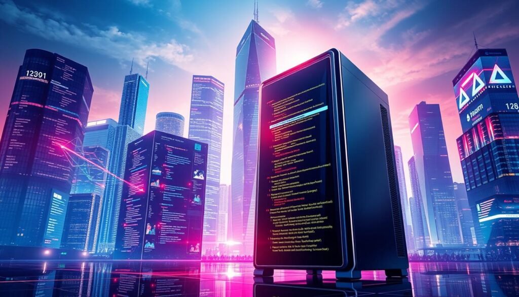 A dynamic and vibrant illustration showcasing the dominance of C# as a premier programming language. In the foreground, a powerful, sleek desktop computer symbolizes the robust capabilities of C#, its components shimmering with a metallic sheen under crisp, directional lighting. In the middle ground, a cascade of code snippets and data visualizations dance across holographic displays, highlighting C#'s versatility in application development. The background features a cityscape of towering skyscrapers, their glass facades reflecting the technological prowess of C# and its integral role in the modern, interconnected digital landscape. The overall composition conveys a sense of innovation, efficiency, and Microsoft's unwavering influence in the programming world.