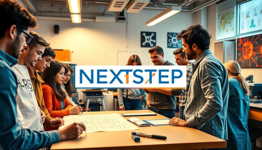 A dynamic engineering classroom with students actively engaged in collaborative learning. The foreground features a group of diverse students huddled around a whiteboard, sketching diagrams and discussing complex equations. The middle ground showcases a NEXTSTEP text logo, signifying the institution's dedication to effective study techniques. The background depicts a well-lit, modern laboratory setting with technical equipment and inspirational STEM-themed posters on the walls. Warm lighting and a sense of focused energy create an atmosphere of intellectual curiosity and problem-solving. This scene captures the essence of active learning, guiding aspiring engineers towards success in their entrance exams. A dynamic engineering classroom with students actively engaged in collaborative learning. The foreground features a group of diverse students huddled around a whiteboard, sketching diagrams and discussing complex equations. The middle ground showcases a NEXTSTEP text logo, signifying the institution's dedication to effective study techniques. The background depicts a well-lit, modern laboratory setting with technical equipment and inspirational STEM-themed posters on the walls. Warm lighting and a sense of focused energy create an atmosphere of intellectual curiosity and problem-solving. This scene captures the essence of active learning, guiding aspiring engineers towards success in their entrance exams.