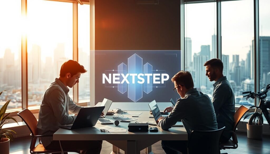 A dynamic entrepreneurial scene with engineers in a modern tech office, bathed in warm, focused lighting from large windows. In the foreground, a team collaborates around a sleek, minimalist desk, laptops and sketches spread out. In the middle ground, a holographic display showcases a NEXTSTEP logo, projecting an ambitious vision. The background features a cityscape of towering skyscrapers, symbolizing the scale and opportunity of the startup ecosystem. An atmosphere of innovation, collaboration, and the relentless pursuit of bringing bold ideas to life.