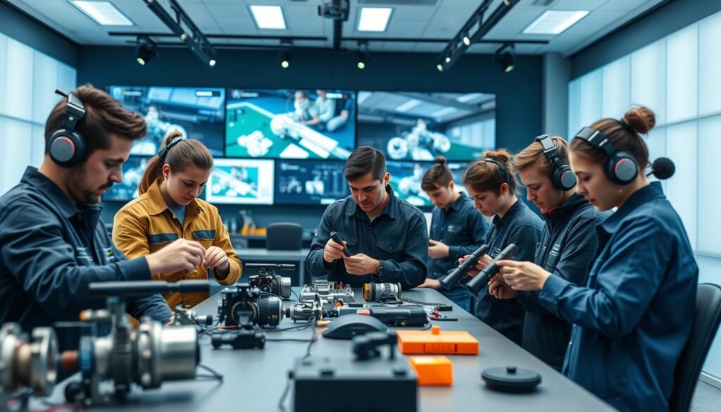 A dynamic virtual classroom filled with students immersed in hands-on vocational training. In the foreground, a group of trainees experiment with mechanical tools and equipment, their faces reflecting deep concentration. The middle ground showcases interactive digital displays and simulations, enabling practical skill-building. The background features a sleek, technologically advanced studio setting with adjustable lighting and camera angles, creating a professional, studio-like atmosphere. The overall scene conveys the power of blended learning, where theory and practice seamlessly converge to deliver a comprehensive vocational education experience.