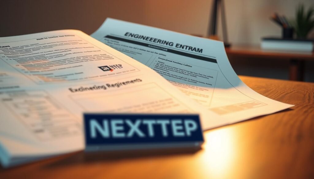 A finely detailed, high-resolution image of an engineering entrance exam syllabus displayed on a wooden table, illuminated by warm, directional lighting, shot with a shallow depth of field. The syllabus pages feature crisp, legible text and are partially obscured by a NEXTSTEP logo in the foreground, conveying a sense of focus and emphasis on the exam requirements. The background is softly blurred, creating a clean, professional atmosphere. A finely detailed, high-resolution image of an engineering entrance exam syllabus displayed on a wooden table, illuminated by warm, directional lighting, shot with a shallow depth of field. The syllabus pages feature crisp, legible text and are partially obscured by a NEXTSTEP logo in the foreground, conveying a sense of focus and emphasis on the exam requirements. The background is softly blurred, creating a clean, professional atmosphere.