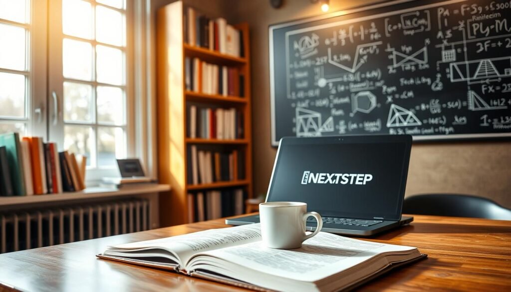 A focused study area with an open textbook, a cup of coffee, and a NEXTSTEP branded laptop on a wooden desk. Soft, natural lighting filters through large windows, creating a warm, focused atmosphere. In the background, a bookshelf filled with engineering references and a wall-mounted chalkboard with complex mathematical equations. The scene conveys a sense of dedicated study and preparation for an upcoming engineering exam.