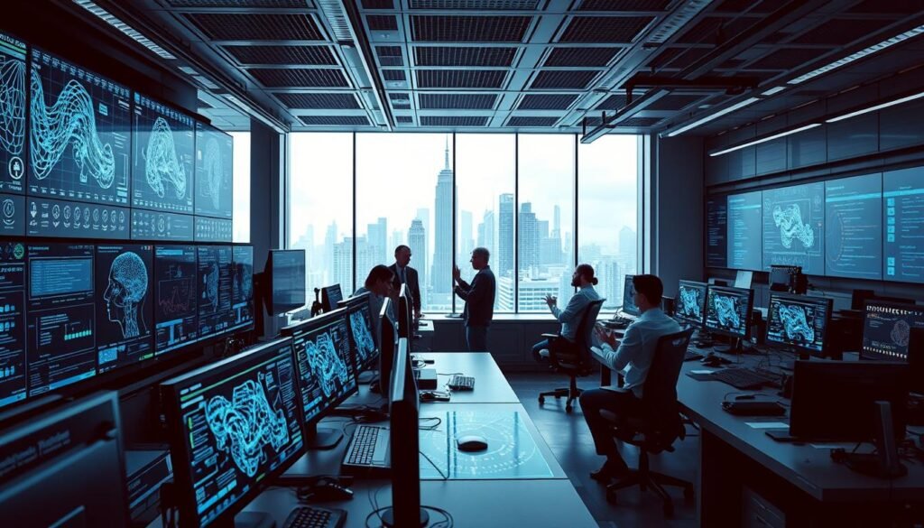 A futuristic computer lab, filled with cutting-edge technology. In the foreground, an array of high-resolution monitors display complex algorithms and neural network visualizations. The middle ground features sleek workstations, with engineers and researchers deeply immersed in their work, gesturing intuitively to manipulate holographic displays. The background is bathed in a soft, cool lighting, revealing a panoramic window overlooking a dynamic cityscape, symbolizing the integration of AI into the urban landscape. The scene conveys a sense of innovation, collaboration, and the dynamic evolution of computer science, driven by the transformative power of artificial intelligence.