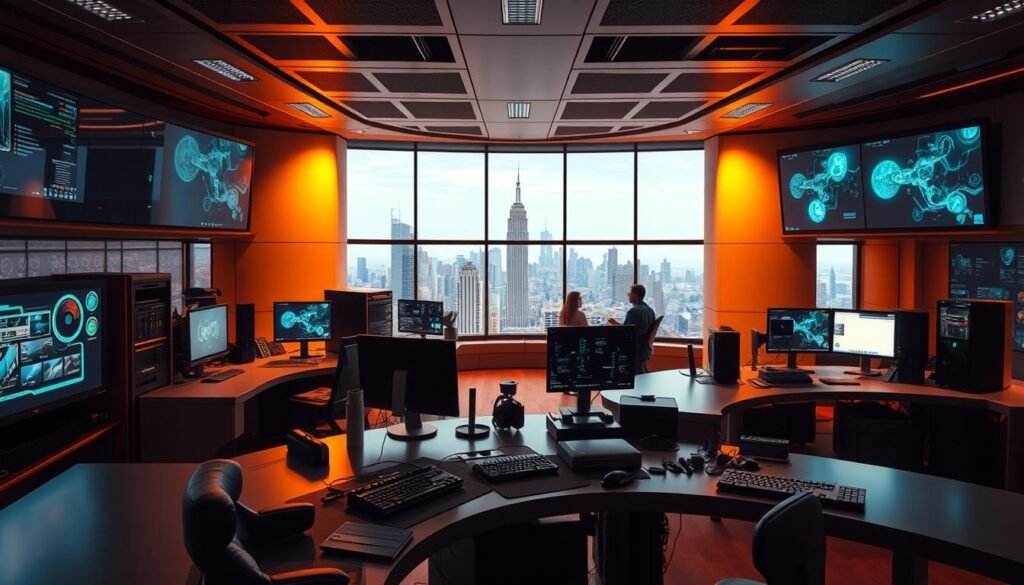 A futuristic computer lab interior with sleek workstations, large displays, and state-of-the-art equipment. Warm, focused lighting illuminates the scene, casting soft shadows and highlighting the technological elements. In the foreground, a curved desk showcases various computer components and peripherals, suggesting the breadth of the computer studies field. The middle ground features individuals engaged in coding, research, and collaborative work, highlighting the dynamic nature of the discipline. The background depicts a panoramic view of the city skyline, symbolizing the widespread integration of computer technology in modern society. An atmosphere of innovation, discovery, and endless possibilities pervades the scene.