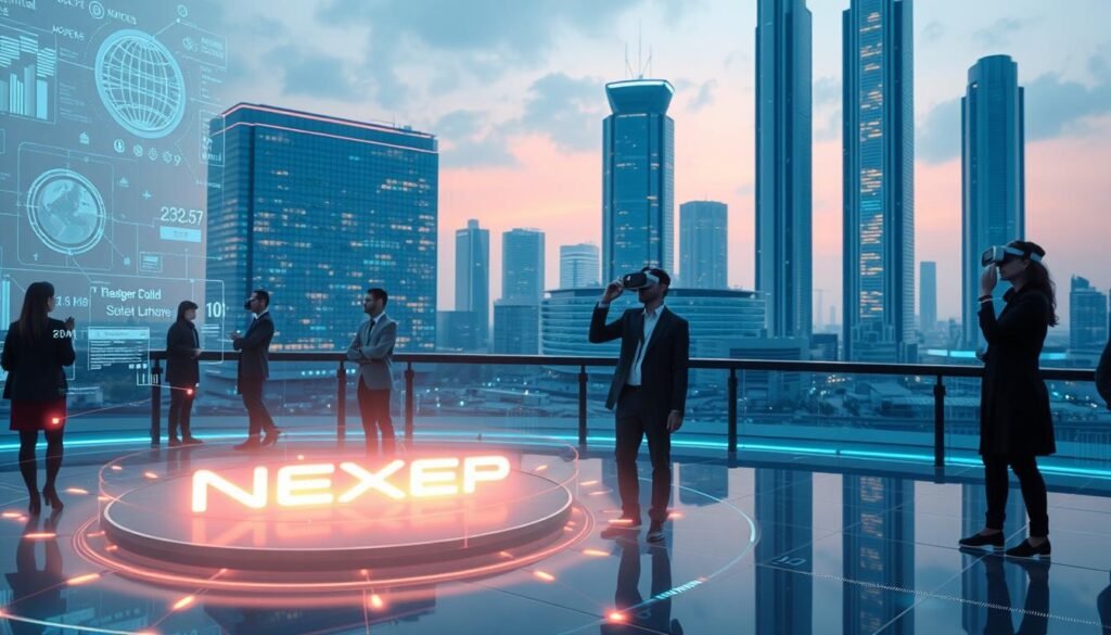 A futuristic scene of an AI-powered career landscape, with holographic projections and sleek, tech-infused environments. In the foreground, a NEXTSTEP logo casts a soft glow, surrounded by floating data streams and virtual interfaces. The middle ground features professionals in immersive VR headsets, navigating AI-driven job simulations and interactive career guidance systems. In the background, towering skyscrapers with intelligent facades, reflecting the integration of emerging technologies into the modern workforce. Subtle lighting and a cool, tech-inspired color palette convey the forward-thinking, innovative nature of the scene.