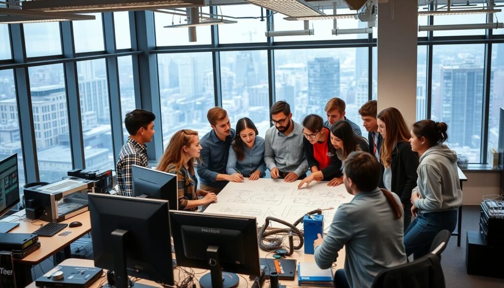 A group of engineering interns working diligently on collaborative projects in a modern, well-lit office space. The foreground features a diverse team of young professionals huddled around a large whiteboard, brainstorming ideas and sketching diagrams. The middle ground showcases a mix of desktop computers, 3D printers, and other engineering tools, while the background reveals floor-to-ceiling windows offering a scenic view of a bustling city skyline. The atmosphere is one of focused productivity, with a sense of camaraderie and problem-solving energy permeating the scene.