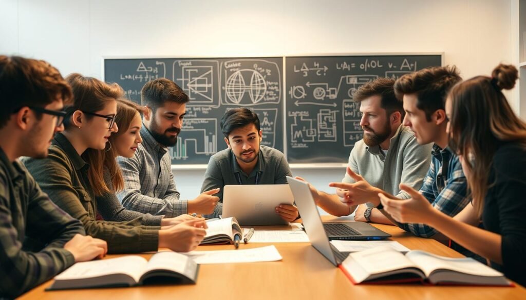 A group of engineering students engrossed in animated discussion around a table, textbooks and laptops open before them. Warm, diffused lighting casts a soft glow, creating an atmosphere of focused collaboration. The students lean in, gesturing excitedly as they explore complex concepts together. In the background, a blackboard or whiteboard displays intricate diagrams and formulas, underscoring the technical nature of their work. Subtle hints of the university setting, such as a bookshelf or architectural details, provide context. The overall scene conveys the value of peer-to-peer learning and the power of collective problem-solving among budding engineers.