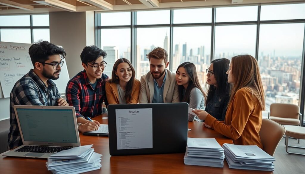 A group of young engineering students gathered around a table, intently discussing their latest internship opportunities. In the foreground, a laptop displays a list of potential companies, while a stack of resumes sits nearby. The middle ground features a professional-looking office space, with modern furniture and a large whiteboard showcasing industry trends. In the background, a panoramic window offers a view of a bustling city skyline, symbolizing the wide range of possibilities that lie ahead for these aspiring engineers. The scene is bathed in a warm, inviting lighting, conveying a sense of excitement and determination as these students embark on their journeys to shape their engineering careers.