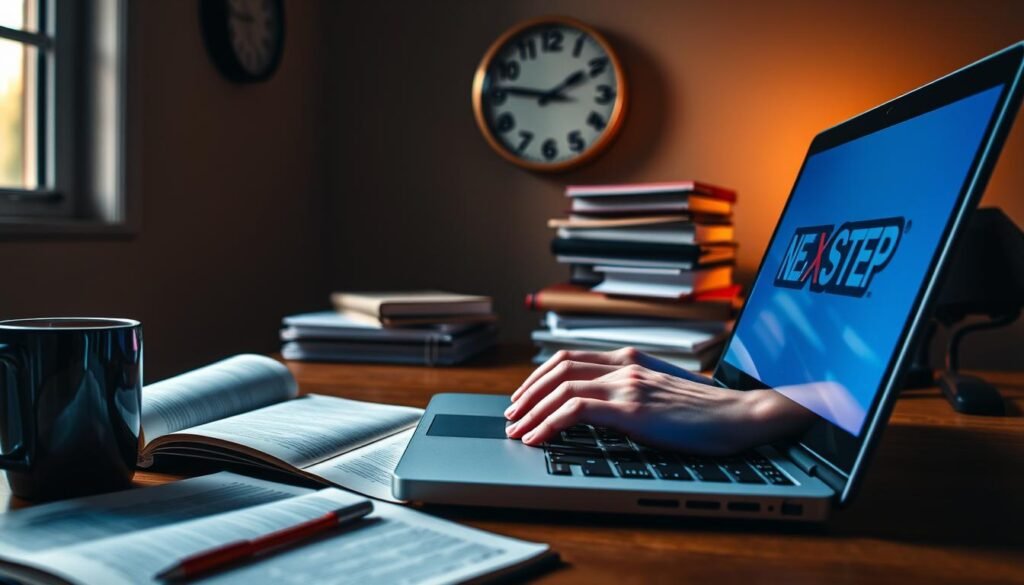 A high-contrast, dynamic scene depicting a student's desk during an HSC (Higher Secondary Certificate) exam. The foreground features a laptop displaying the NEXTSTEP logo, an open textbook, and a cup of coffee. The middle ground showcases the student's hands rapidly typing on the laptop keyboard, conveyed through motion blur. In the background, a wall-mounted clock and a stack of revision notes create a sense of urgency and focus. The lighting is a combination of warm, natural light from a window and the cool glow of the laptop screen, creating a visually striking atmosphere. The overall mood is one of intense concentration and determination, capturing the essence of "Incorporating Technology in Your Revision" for a successful HSC exam.