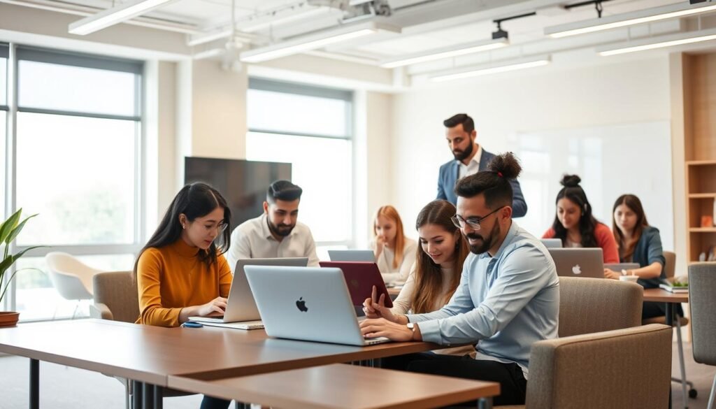 A high-quality online vocational training environment with a clean, modern interface. A warm, well-lit classroom setting with large windows and natural lighting. A group of diverse students intently focused on their laptops and tablets, engaged in hands-on learning activities. Sleek, minimalist furniture and decor create an atmosphere of productivity and innovation. Dynamic instructors pace the room, guiding students through interactive lessons. The overall mood is one of collaboration, curiosity, and the excitement of acquiring valuable new skills.