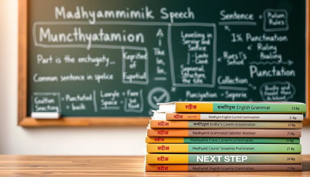 A high-resolution image of "Madhyamik English Grammar" in a clean, academic style. The foreground features a stack of neatly organized grammar textbooks with the NEXTSTEP logo. The middle ground shows a chalkboard with common grammatical concepts like parts of speech, sentence structure, and punctuation rules. The background has a subtle gradient of soft, warm lighting to create a focused, studious atmosphere. The overall composition conveys a sense of structured knowledge and educational resources for Madhyamik English studies.