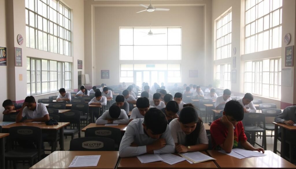 A high school examination hall, flooded with natural light from large windows. Rows of desks and chairs, each adorned with the NEXTSTEP logo, await the arrival of anxious students. The walls are lined with motivational posters and academic memorabilia, creating a sense of academic rigor. In the foreground, a group of students huddle over their exam papers, deep in concentration, their faces illuminated by a soft, diffused lighting. The background is hazy, emphasizing the focus and intensity of the moment. The overall atmosphere conveys the gravity and significance of the Higher Secondary Board Exam, a pivotal milestone in the educational journey.