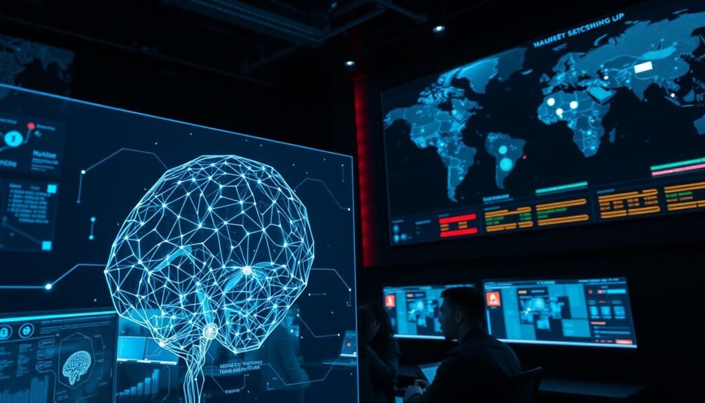 A high-tech cybersecurity command center, with multiple holographic displays showcasing real-time threat detection and analysis. In the foreground, an AI-powered algorithm scans for anomalies, its intricate neural networks illuminating the dark control room. The middle ground features a team of analysts, their faces bathed in the glow of the screens, their expressions intense as they monitor the system. In the background, a massive wall-mounted display presents a global cybersecurity map, pulsing with data points and warning signals. Dramatic, cool-toned lighting casts an ominous yet efficient atmosphere, conveying the gravity of the AI-driven threat detection process.