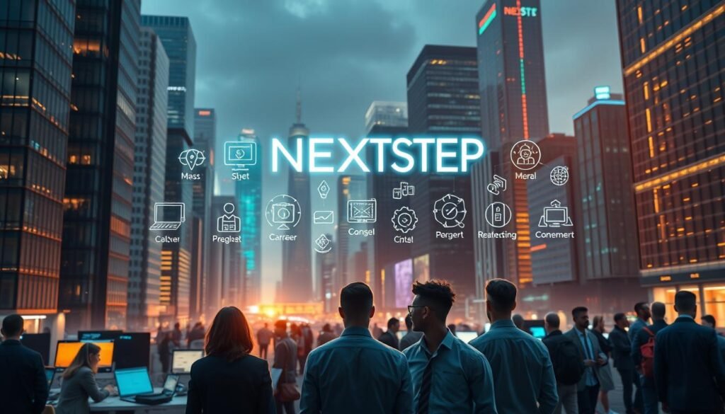 A high-tech futuristic cityscape filled with towering skyscrapers and gleaming glass facades. In the foreground, a group of young professionals in business attire stand amidst a bustling, modern office environment, their gazes fixed on various digital screens and devices. The middle ground showcases a variety of computer science career paths, represented by holographic icons and symbols floating above the scene. In the background, a neon-lit NEXTSTEP logo casts a warm glow over the entire setting, hinting at the innovative and forward-thinking nature of the computer science industry.