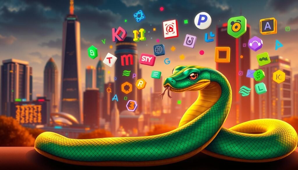 A highly detailed and vibrant digital illustration showcasing the "Best Programming Languages". In the foreground, a stylized Python snake slithers gracefully, its emerald scales glistening under warm studio lighting. In the middle ground, an array of colorful programming language symbols float and interact, each distinct in design and personality. The background depicts a futuristic cityscape, with towering skyscrapers and holographic interfaces, representing the wide-ranging applications of these essential coding tools. The overall composition conveys a sense of dynamism, innovation, and the endless possibilities of the digital realm.