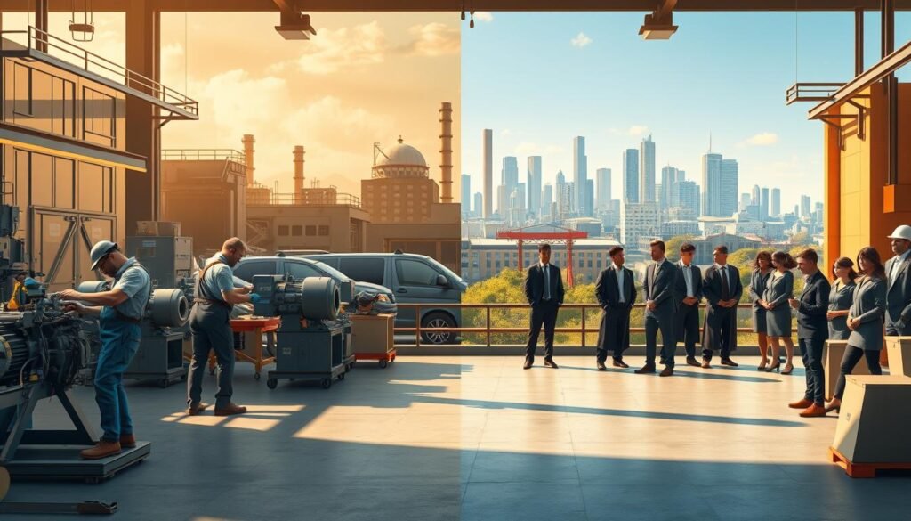 A highly detailed, photorealistic illustration of "Vocational Education vs Degree" showcasing two contrasting academic pathways. In the foreground, a vocational training workshop with workers in coveralls assembling machinery and wielding tools. The middle ground depicts a traditional university campus with students in suits and graduation gowns. The background features a cityscape with factories and skyscrapers, symbolizing the practical and theoretical aspects of these educational choices. Warm, golden lighting illuminates the scene, creating an atmosphere of ambition and industriousness. Captured with a wide-angle lens to emphasize the scope and scale of the subject matter. A highly detailed, photorealistic illustration of "Vocational Education vs Degree" showcasing two contrasting academic pathways. In the foreground, a vocational training workshop with workers in coveralls assembling machinery and wielding tools. The middle ground depicts a traditional university campus with students in suits and graduation gowns. The background features a cityscape with factories and skyscrapers, symbolizing the practical and theoretical aspects of these educational choices. Warm, golden lighting illuminates the scene, creating an atmosphere of ambition and industriousness. Captured with a wide-angle lens to emphasize the scope and scale of the subject matter.