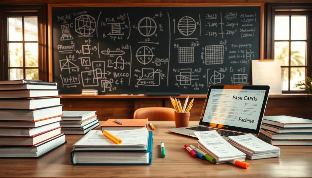 A meticulously arranged study space, desk adorned with neatly stacked textbooks, highlighters, and a laptop displaying flashcards. A chalkboard in the background showcases intricate diagrams and formulas, illuminated by warm natural lighting filtering through large windows. The scene conveys a sense of focused, methodical learning, with elements of spaced repetition engineering - the systematic review of material at carefully timed intervals to cement long-term retention of engineering concepts.