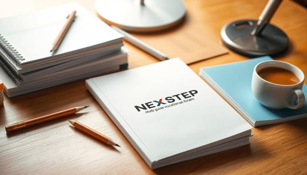 A meticulously crafted study guide for a vocational exam sits on a well-organized desk, surrounded by carefully arranged stationery. Soft, directional lighting illuminates the scene, creating a warm, focused atmosphere. The guide's cover prominently displays the NEXTSTEP logo in a clean, minimalist text treatment. Neatly stacked notepads, a sharpened pencil, and a cup of steaming coffee complete the studious setup, conveying a sense of diligence and productivity. The image captures the essential elements of a dedicated workspace, primed for effective exam preparation.