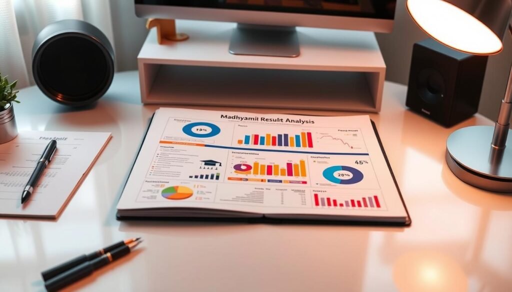 A meticulously designed and visually captivating "Madhyamik Result Analysis Report" presented on a well-organized desk. The report features comprehensive data visualizations, impactful graphs, and insightful infographics, all bathed in a warm, professional lighting that accentuates the report's authority and significance. The report sits atop a modern, minimalist desk, complemented by a few carefully placed desk accessories, creating a polished, executive atmosphere. The overall composition conveys a sense of diligence, clarity, and a focus on setting worthwhile career goals for the students. A meticulously designed and visually captivating "Madhyamik Result Analysis Report" presented on a well-organized desk. The report features comprehensive data visualizations, impactful graphs, and insightful infographics, all bathed in a warm, professional lighting that accentuates the report's authority and significance. The report sits atop a modern, minimalist desk, complemented by a few carefully placed desk accessories, creating a polished, executive atmosphere. The overall composition conveys a sense of diligence, clarity, and a focus on setting worthwhile career goals for the students.