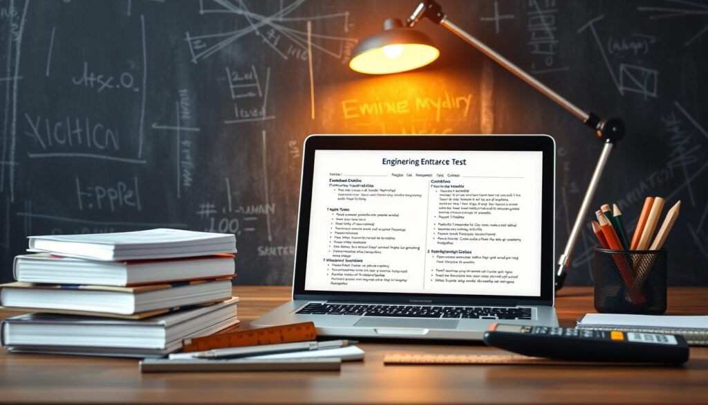 A meticulously designed engineering entrance test syllabus, captured in a crisp, clean composition. The foreground showcases a neatly organized set of textbooks, rulers, and a calculator, conveying a sense of academic rigor. The middle ground features a laptop displaying a detailed curriculum outline, with well-structured sections and bullet points. In the background, a chalkboard-like surface provides a textured, scholarly atmosphere, complemented by the warm glow of a desk lamp illuminating the scene. The overall mood is one of focused determination, reflecting the diligence and preparation required for a successful engineering entrance examination. A meticulously designed engineering entrance test syllabus, captured in a crisp, clean composition. The foreground showcases a neatly organized set of textbooks, rulers, and a calculator, conveying a sense of academic rigor. The middle ground features a laptop displaying a detailed curriculum outline, with well-structured sections and bullet points. In the background, a chalkboard-like surface provides a textured, scholarly atmosphere, complemented by the warm glow of a desk lamp illuminating the scene. The overall mood is one of focused determination, reflecting the diligence and preparation required for a successful engineering entrance examination.