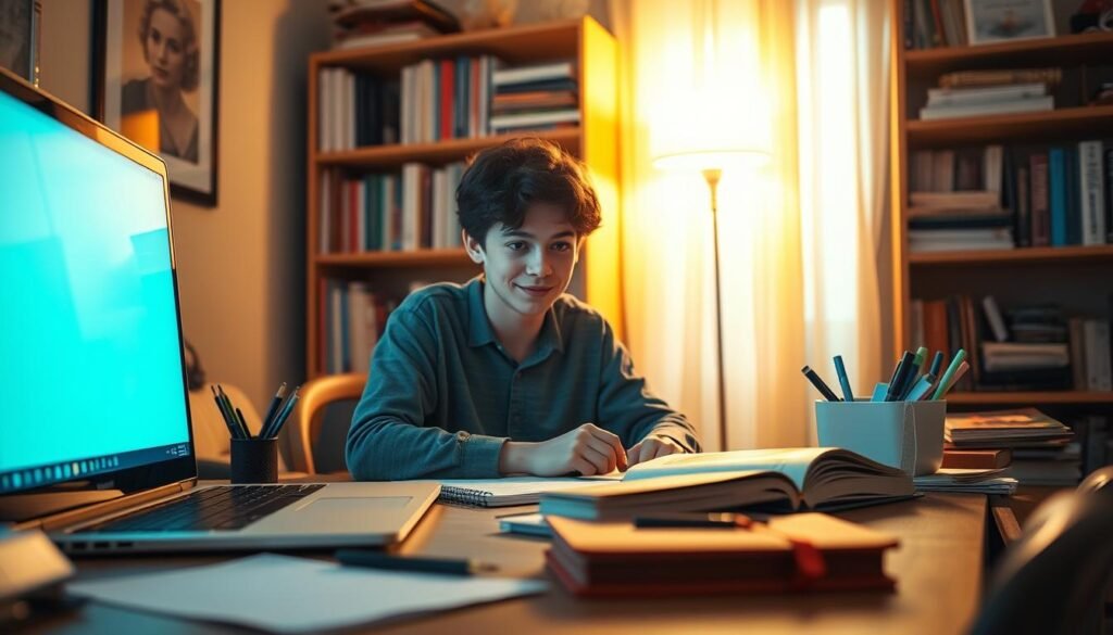 A meticulously organized desk with a laptop, planner, and stationery. Behind it, a bookshelf filled with academic texts in a cozy, well-lit room. In the foreground, a student deeply engaged, their face illuminated by the glow of the screen, surrounded by a halo of soft, warm lighting. The atmosphere is one of focused productivity, with a touch of serene contemplation. The camera angle is slightly elevated, conveying a sense of order and structure in the student's approach to time management.