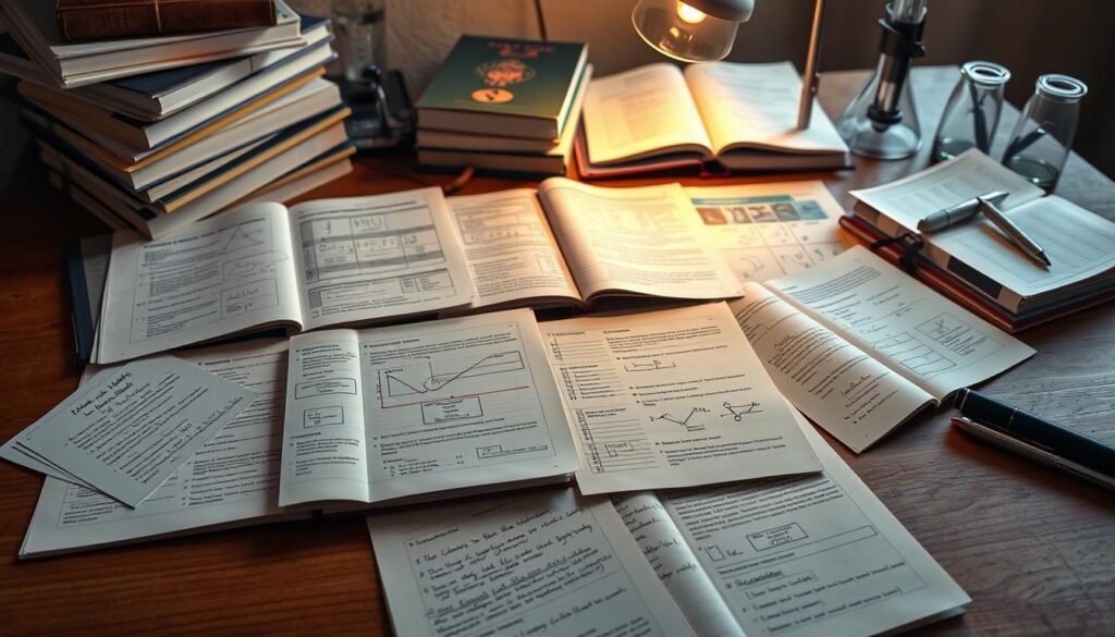 A meticulously organized set of science notes sprawled across a wooden desk, with neatly stacked textbooks, lab equipment, and a focused study lamp casting a warm glow. Detailed diagrams, formulas, and handwritten annotations cover the pages, reflecting the depth of the subject matter. The notes are arranged in a visually appealing manner, creating a sense of order and dedication. The overall atmosphere evokes a studious and contemplative mood, perfectly capturing the essence of subject-specific notes for higher secondary students.