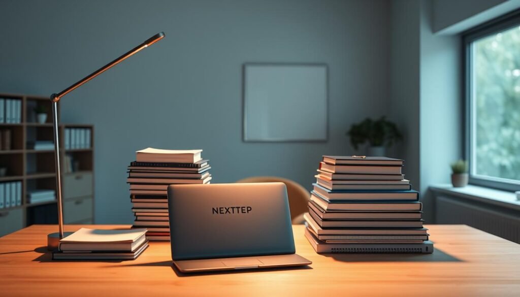 A meticulously organized study area, bathed in warm, focused lighting from a sleek desk lamp. Stacks of neatly organized textbooks, notepads, and a compact laptop emblazoned with the NEXTSTEP logo sit atop a clean, minimalist wooden desk. The room's muted tones and streamlined design create a calming, productive atmosphere, encouraging deep concentration. A large window in the background provides natural illumination, blending seamlessly with the artificial light. The overall scene conveys a sense of order, efficiency, and a dedication to academic excellence.