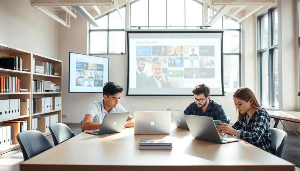 A modern, airy classroom setting with bright natural lighting streaming through large windows. In the foreground, three young adults sit around a table, intently focused on their laptops and tablets, engaged in online vocational coursework. The middle ground features shelves lined with industry-relevant books and resources. In the background, a large projection screen displays interactive course materials, creating an immersive digital learning environment. The overall atmosphere is one of productivity, collaboration, and a sense of empowerment, reflecting the success stories of vocational online course graduates.
