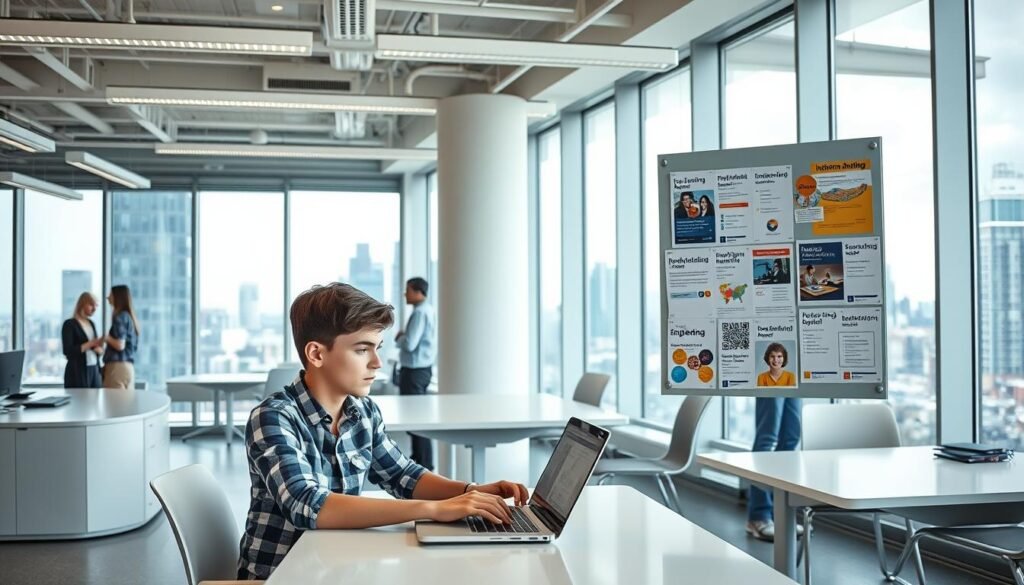 A modern, airy office interior with sleek desks, minimalist decor, and large windows overlooking a bustling city skyline. In the foreground, a young engineering student sits at a desk, intently browsing through a laptop screen filled with job listings and internship opportunities. Nearby, a bulletin board displays a collage of internship flyers, QR codes, and contact information. The lighting is soft and diffused, creating a productive yet serene atmosphere. In the background, other young professionals collaborate and network, capturing the dynamic energy of the engineering career landscape.