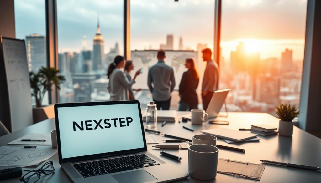 A modern and sleek mobile app development scene, set in a minimalist office environment. In the foreground, a developer's desk with a laptop displaying the NEXTSTEP logo, surrounded by a clutter of design sketches, coffee mugs, and programming tools. The middle ground features a team of developers collaborating on a virtual whiteboard, their faces obscured to maintain focus on the task at hand. The background showcases a large window overlooking a vibrant city skyline, bathed in warm, natural lighting. The overall atmosphere conveys a sense of focused creativity and technological innovation.