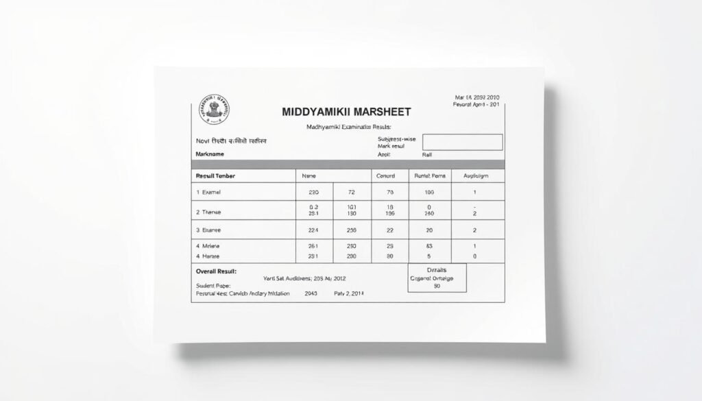A modern, clean-looking digital document with a neutral background, showcasing a Madhyamik examination result marksheet. The marksheet is displayed prominently in the center, with a crisp, high-resolution rendering of the various sections, including the student's name, roll number, subject-wise marks, and the overall result. The design is minimalist, with a focus on clarity and accessibility. Subtle lighting creates depth and dimension, while the composition places the marksheet as the central focus, allowing it to be easily readable and informative. A modern, clean-looking digital document with a neutral background, showcasing a Madhyamik examination result marksheet. The marksheet is displayed prominently in the center, with a crisp, high-resolution rendering of the various sections, including the student's name, roll number, subject-wise marks, and the overall result. The design is minimalist, with a focus on clarity and accessibility. Subtle lighting creates depth and dimension, while the composition places the marksheet as the central focus, allowing it to be easily readable and informative.
