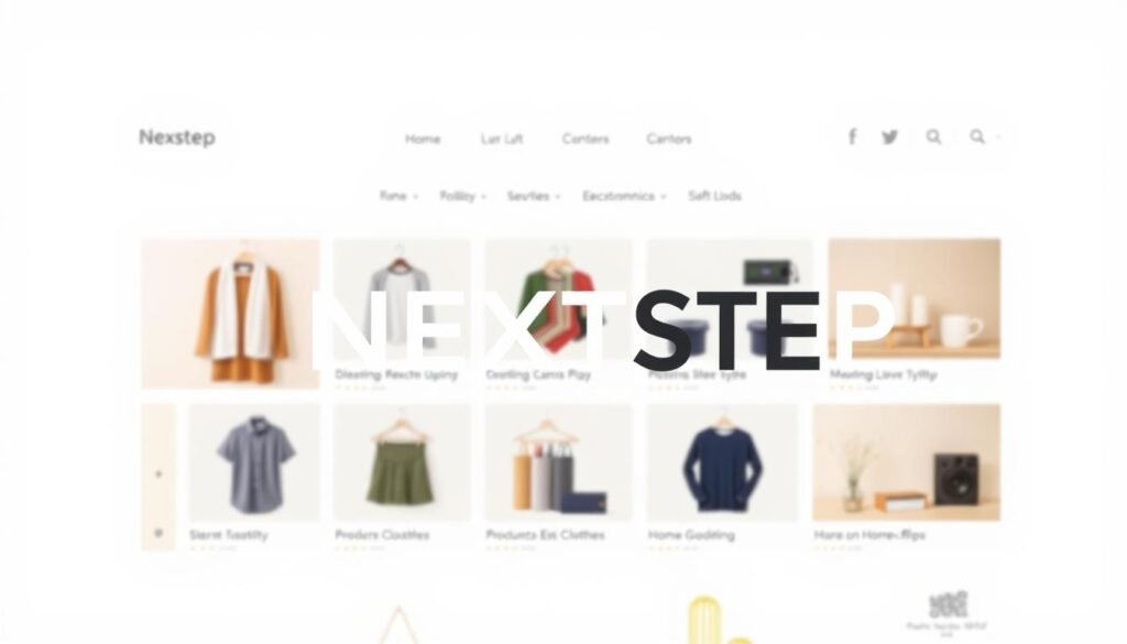 A modern e-commerce website with a clean, minimalist design. In the foreground, a bold text logo "NEXTSTEP" stands out against a neutral background. The middle ground features various product images, showcasing a range of clothing, electronics, and home goods. Warm, diffused lighting creates a soft, inviting atmosphere, while a subtle grid layout provides structure and organization. The background blends seamless gradients, adding depth and a sense of digital elegance. The overall composition conveys a professional, user-friendly e-commerce experience.